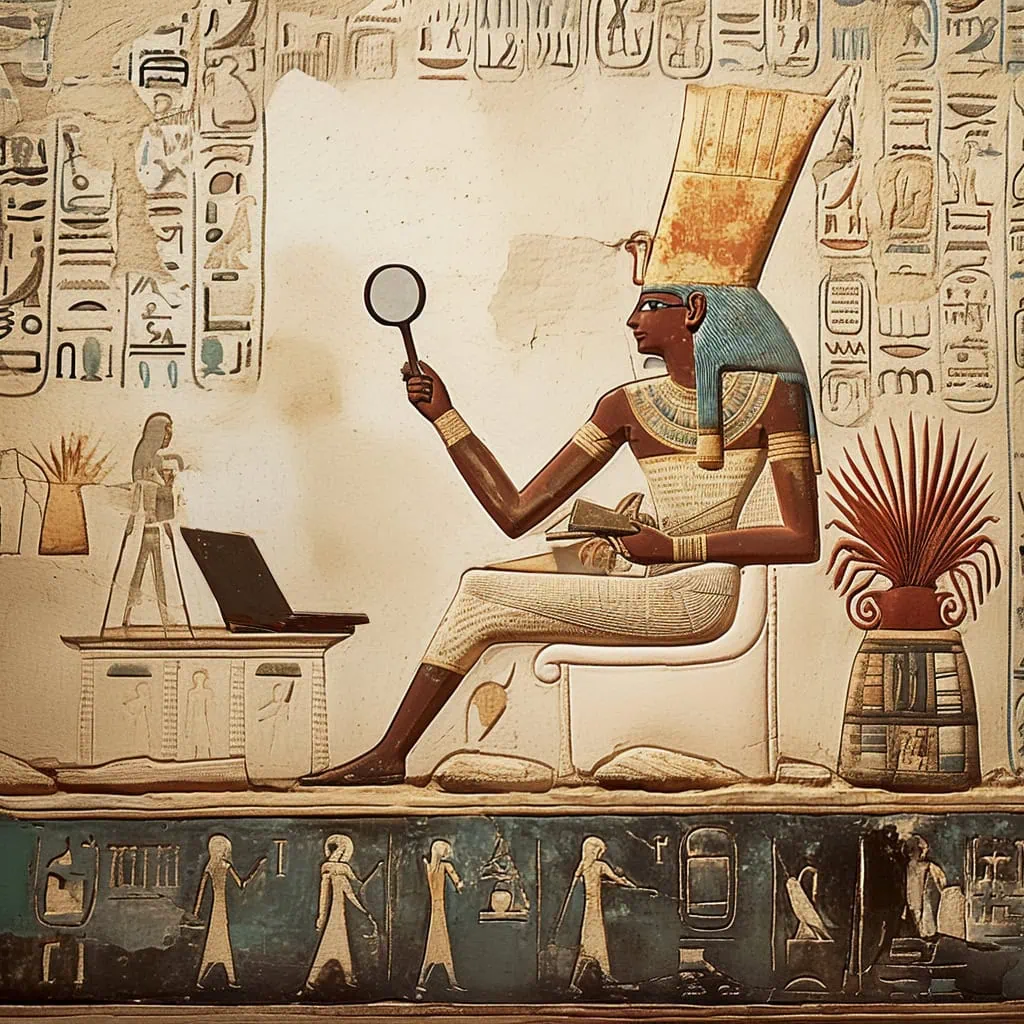 Analisi e dati utili per la creazione di un E-commerce. Mercante egizia esamina i dati ottenuti da strumenti digitali avanzati per ottimizzare i clienti con proposte mirate e aumentare le vendite dell'e-commerce.