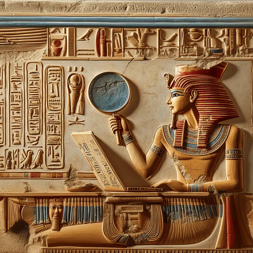 Analisi sito web. Un antico Faraone egizio esamina un sito web con lente di ingrandimento, alla ricerca di possibili errori che infieriscono sul motore di ricerca e sulla navigazione.