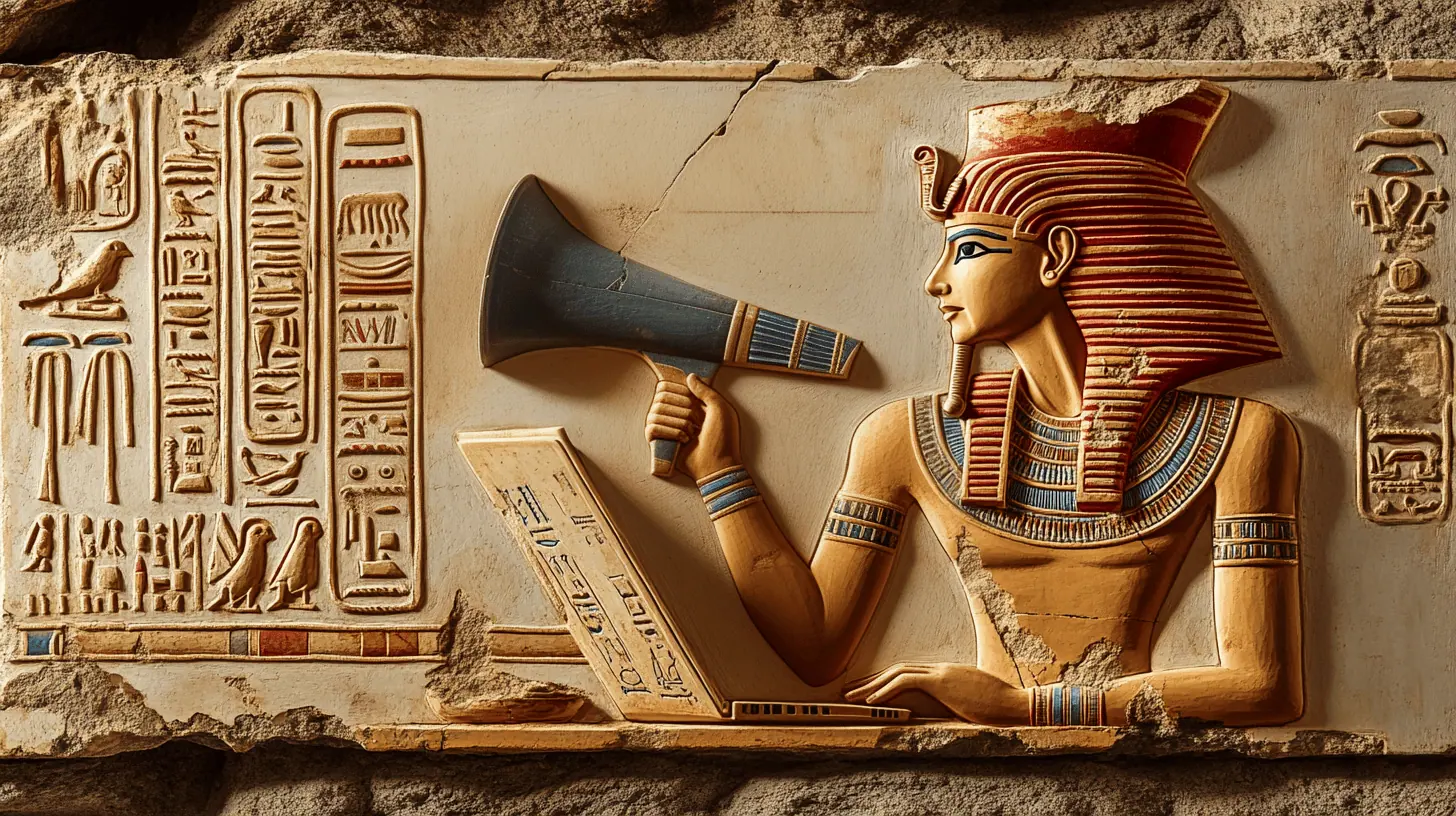 Consulente Web Marketing. Primo piano di un faraone egizio in consulenza su una strategia web marketing per un cliente.