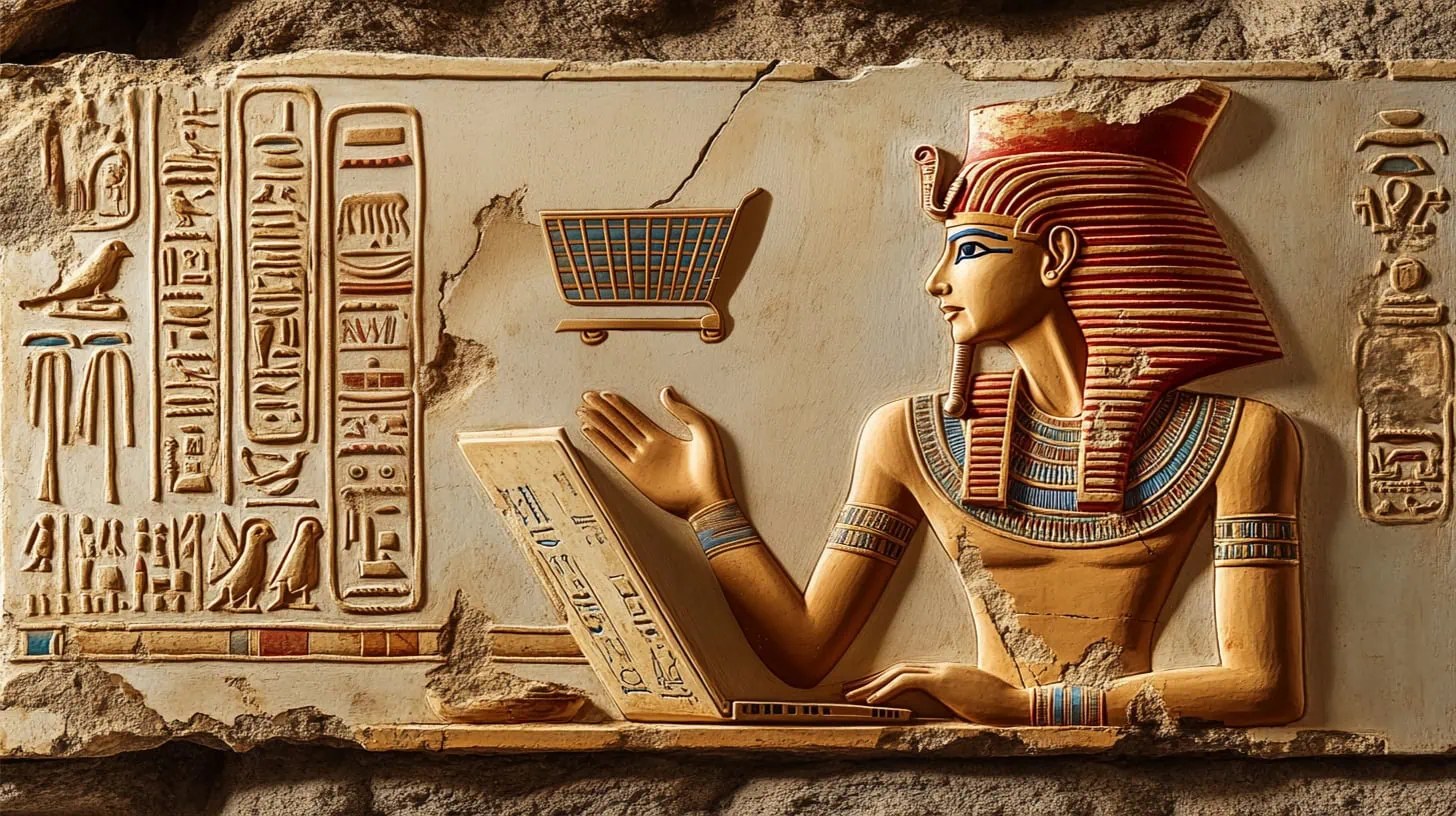 Creazione E-commerce. Primo piano di un faraone egizio impegnato nella realizzazione e-commerce per un cliente.