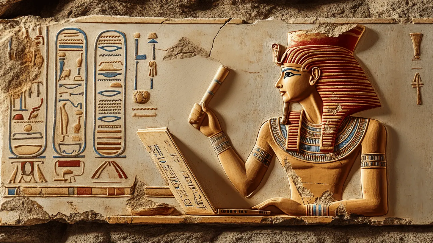 Creazione Landing Page. Un antico faraone egizio impegnato nella realizzazione di una landing page per potenziare le campagne marketing di un suo cliente.