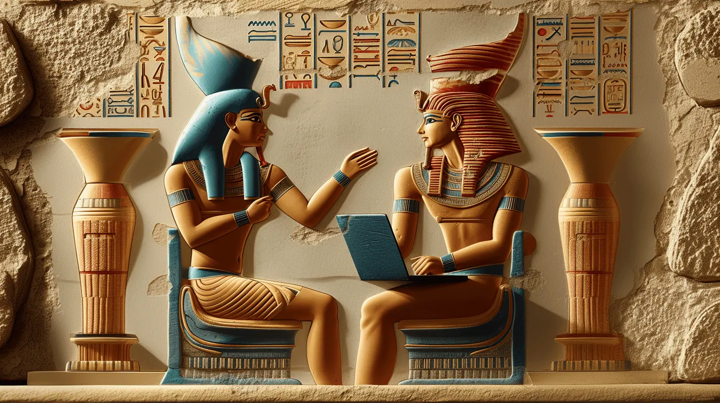 Gestione sito web. Un antico faraone egizio che riceve in gestione il sito web di un suo cliente per migliorare performance e sicurezza del sito, insieme ad altre attività di manutenzioni fondamentali per un corretto funzionamento del sito web.