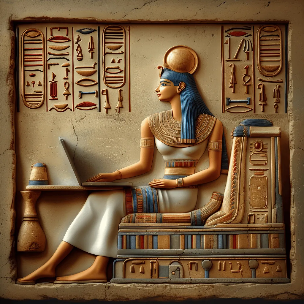 Landing page per campagna marketing. Primo piano di una mercante egizia davanti al pc che esamina la landing page realizzata su misura degli obbiettivi da raggiungere nella sua campagna marketing online.