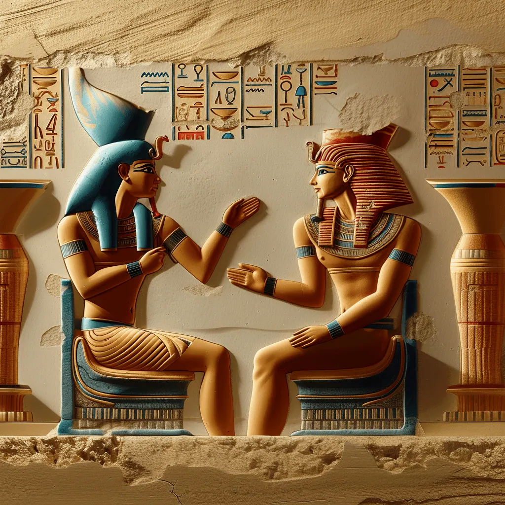 Realizzazione sito web personalizzato. Un Faraone e un mercante egizio che parlano del nuovo design per realizzare il sito web con l'obiettivo di distinguersi dai competitor e con grafiche che rispettano l'immagine aziendale.