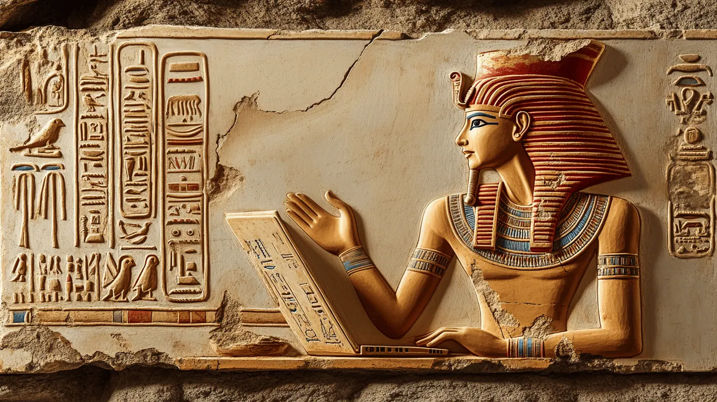 Realizzazione Sito Web. Primo piano di un antico Faraone egizio che realizza un sito web con un design unico per esaltare l'attività di un suo cliente.