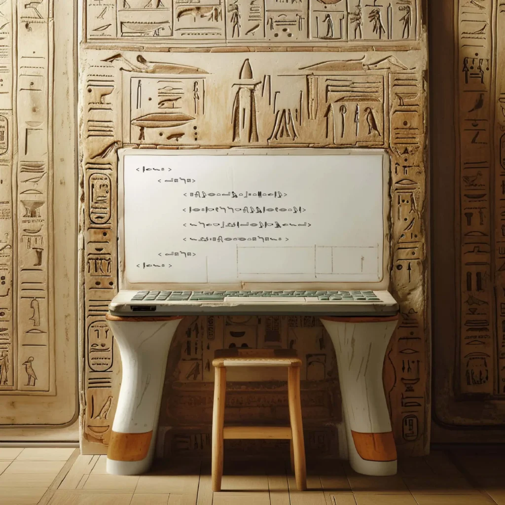 Realizzazione testi ottimizzati per il browser. Primo piano di un antico laptop che mostra il codice di una pagina web interpretato dal motore di ricerca. La struttura del codice rileva elementi come titoli, meta tag e parole chiave della pagina del sito web.