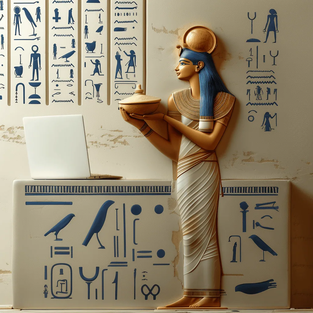 Realizzazione testi SEO per sito web. Una mercante egizia che mostra i suoi prodotti ai nuovi clienti raggiunti con l'ottimizzazione del testi del sito web aziendale.