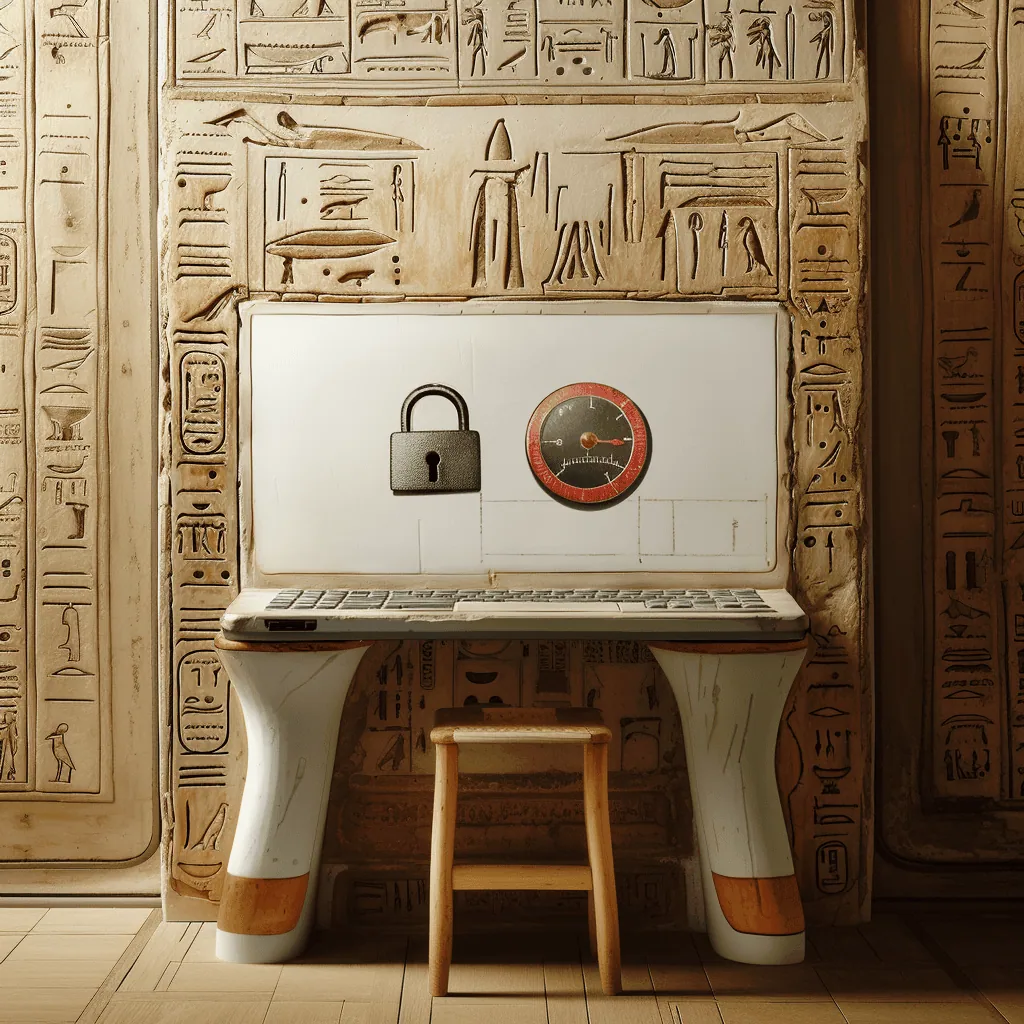 Sicurezza e Performance con la gestione sito web. Primo piano di un antico laptop che mostra i i nuovi risultati di sicurezza e prestazione ottenuti dalla gestione efficace di un sito web.