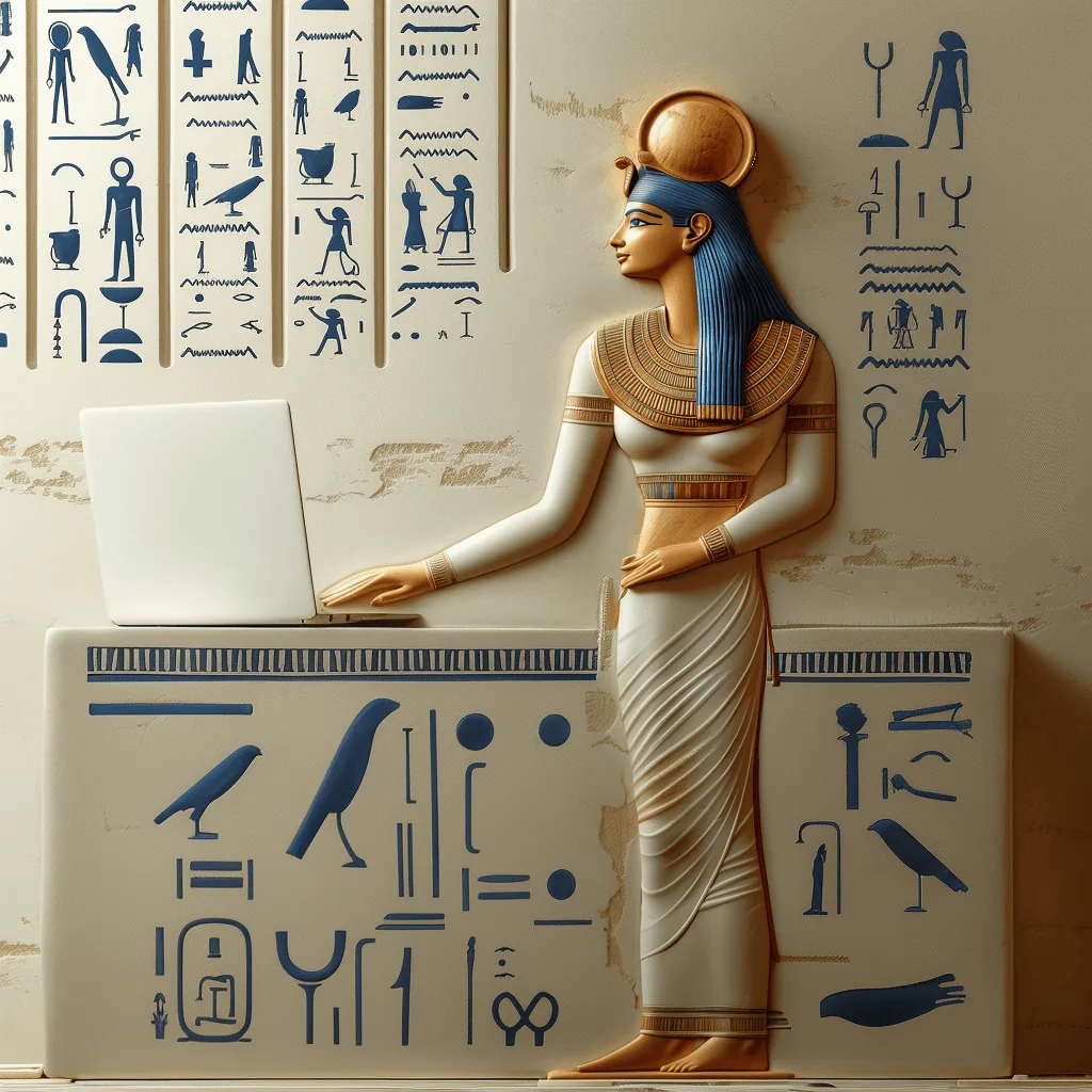 Testi SEO ottimizzati per il pubblico. Una mercante egizia che legge i nuovi testi studiati appositamente per catturare l'interesse dei visitatori sul sito.