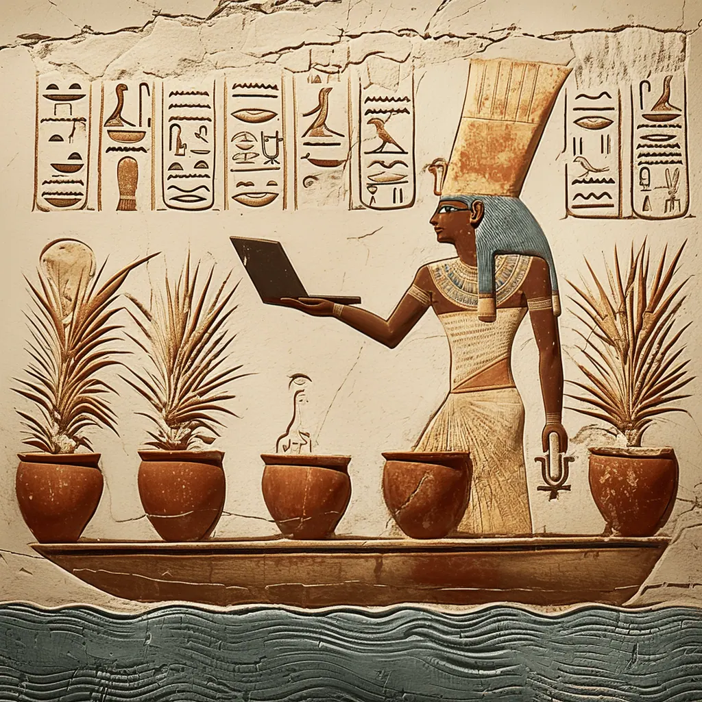 I Vantaggi nell'avere un e-commerce. Mercante egizia mentre controlla sul proprio laptop le vendite ottenute dalla realizzazione E-commerce personalizzata.