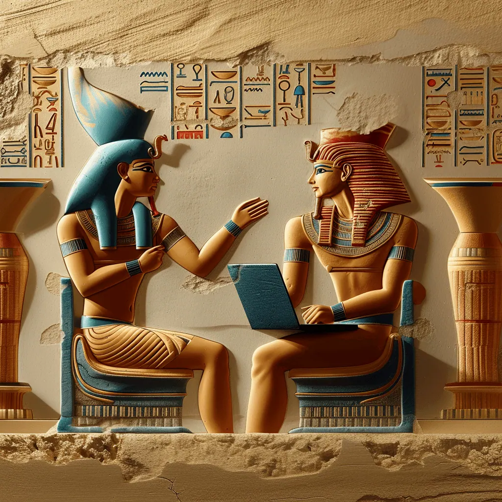 Vantaggi della realizzazione sito web. Un Faraone e un mercante egizio che discutono sugli obiettivi da raggiungere con il nuovo sito web.